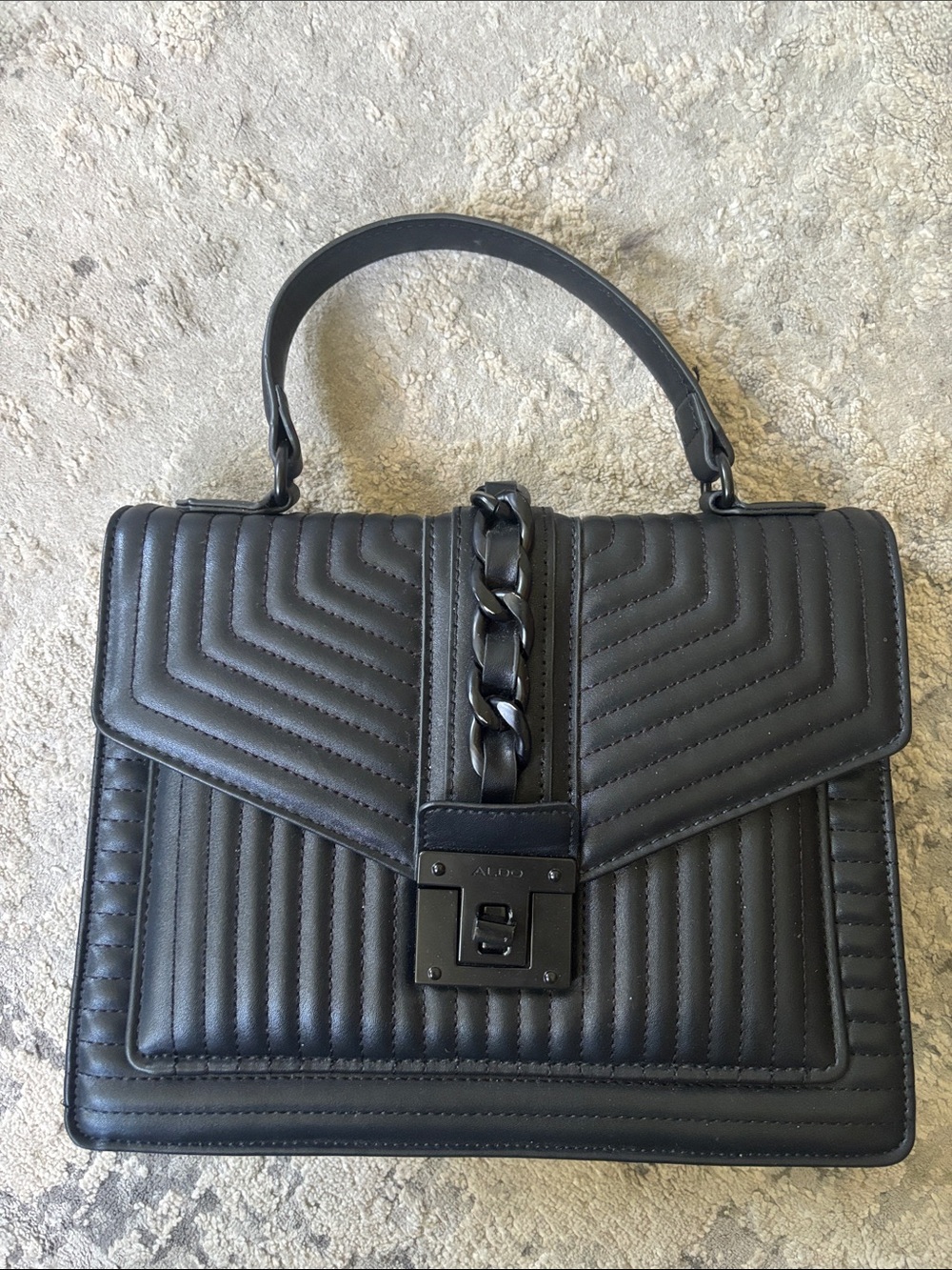 Aldo Black Quilted Top-Handle Satchel with Chain Detail